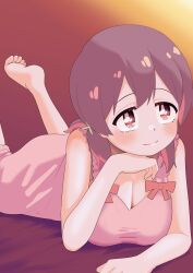 1girl absurdres bare_arms bare_shoulders barefoot blush breasts brown_eyes brown_hair cleavage colored_inner_hair commentary elbow_rest feet feet_up happyundergate head_tilt highres large_breasts long_hair low_twintails lying multicolored_hair murosaki_miyo nightgown on_stomach onii-chan_wa_oshimai! pink_nightgown red_hair smile solo twintails two-tone_hair