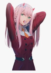 Rule 34 | 1girl, artist request, breasts, candy, coat, darling in the franxx, fake horns, food, green eyes, hairband, hands in hair, horns, lollipop, long hair, looking at viewer, open mouth, pink hair, red coat, solo, standing, teeth, upper teeth only, white background, zero two (darling in the franxx)