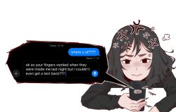 Rule 34 | 1girl, anger vein, angry, black eyes, black hair, black shirt, cellphone, english text, highres, holding, holding phone, lenaleechi, long sleeves, medium hair, messy hair, original, phone, shirt, simple background, text messaging, thick eyebrows, white background