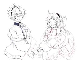 Rule 34 | 1boy, 1girl, ^ ^, bacheally, blush, cacalianz, calin (cacalianz), cardigan, closed eyes, collared shirt, cropped torso, facing viewer, greyscale, hairband, holding hands, jacket, lian (cacalianz), long hair, long sleeves, low twintails, monochrome, necktie, off shoulder, open cardigan, open clothes, open mouth, shirt, short hair, simple background, sketch, skirt, sleeveless, sleeveless shirt, smile, twintails, upper body, very long hair, white background
