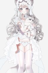 Rule 34 | 1girl, absurdres, animal, animal ears, bow, bow panties, cat, cat ears, dress, frilled dress, frills, grey hair, highres, holding, holding animal, holding cat, jewelry, long hair, looking at viewer, myumyutain, original, panties, ribbon, simple background, thighhighs, underwear, white dress, white panties, white thighhighs