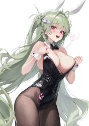 Rule 34 | 1girl, absurdres, animal ears, bare shoulders, black bow, black bowtie, black leotard, blush, bow, bowtie, breasts, commentary, detached collar, eyelashes, fake animal ears, goddess of victory: nikke, green hair, green nails, heart, highres, holding leotard, large breasts, leotard, long hair, looking at viewer, mole, mole on breast, nail polish, open mouth, pantyhose, pink eyes, playboy bunny, simple background, skindentation, soda (nikke), soda (twinkling bunny) (nikke), undersized breast cup, very long hair, white background, wrist cuffs, xi xeong