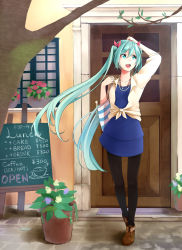 Rule 34 | 1girl, :d, aqua hair, arm up, bad id, bad pixiv id, bag, black pantyhose, blue eyes, door, fashion, flower, front-tie top, hair ribbon, hand on own head, hatsune miku, highres, jewelry, long hair, menu board, necklace, open mouth, pantyhose, plant, potted plant, retsuna, ribbon, shirt, sign, smile, solo, striped, tied shirt, twintails, very long hair, vocaloid, window
