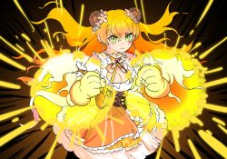 Rule 34 | 1girl, animal ears, animal hands, bear ears, bear paws, breasts, cleavage, cleavage cutout, clenched hands, clothing cutout, corset, dress, gloves, glowing hands, hololive, hololive alternative, large breasts, mochizuki maya, momosuzu nene, orange dress, paw gloves, solo, two side up, v-shaped eyebrows, virtual youtuber, white hair