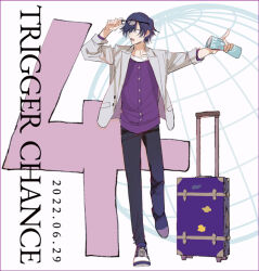 Rule 34 | 1boy, adjusting eyewear, black pants, blue eyes, blue hair, commentary, countdown, dark blue hair, dated, eyewear on head, full body, glasses, grey jacket, hair between eyes, hand on eyewear, hito666 syou, holding, holding magazine, ichinose tokiya, jacket, looking to the side, magazine (object), male focus, official alternate costume, open mouth, pants, pointing, purple shirt, rolling suitcase, shirt, shoes, short hair, sleeves past elbows, sneakers, solo, song name, standing, standing on one leg, suitcase, swept bangs, symbol-only commentary, uta no prince-sama, white background, white footwear