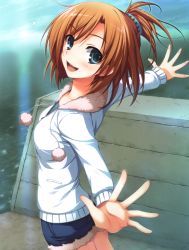 Rule 34 | 1girl, :d, absurdres, blue eyes, blue shorts, brown hair, collarbone, cowboy shot, day, denim, denim shorts, from side, hair ornament, harada taiko, highres, jacket, kimi to issho ni, looking at viewer, ocean, one side up, open mouth, outdoors, outstretched arms, short hair, short shorts, shorts, smile, solo, standing, tomose shunsaku, white jacket