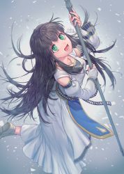 Rule 34 | 1girl, black hair, breasts, bridal gauntlets, detached sleeves, dress, full body, gensou suikoden, green eyes, highres, jewelry, long hair, long sleeves, necklace, open mouth, sakai (motomei), smile, solo, staff, viki (suikoden)
