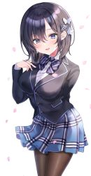 Rule 34 | 1girl, arm behind back, black hair, black jacket, blazer, blue eyes, blue skirt, blush, bow, bowtie, breasts, butterfly hair ornament, collared shirt, hair between eyes, hair ornament, highres, jacket, large breasts, long sleeves, looking at viewer, medium hair, nekoyashiki pushio, open mouth, pantyhose, petals, pleated skirt, school uniform, shirt, simple background, skirt, smile, solo, striped, striped bow, v, white background, white shirt
