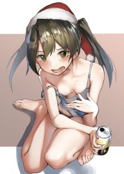 Rule 34 | 1girl, alternate costume, areola slip, barefoot, black panties, breasts, camisole, can, christmas, commentary, downblouse, drunk, from above, fur-trimmed headwear, fur trim, green eyes, grey camisole, grey hair, hair between eyes, hat, highres, kabayaki namazu, kantai collection, long hair, no bra, open mouth, panties, red hat, santa hat, small breasts, solo, strap slip, strong zero, twintails, two-tone background, underwear, zuikaku (kancolle)