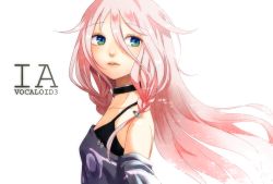Rule 34 | 1girl, bare shoulders, blue eyes, braid, character name, choker, ia (vocaloid), long hair, looking away, mogggggge, off shoulder, open mouth, pink hair, simple background, smile, solo, twin braids, vocaloid