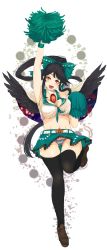 Rule 34 | 1girl, adapted costume, alternate costume, alternate hairstyle, arms up, belt, black hair, black thighhighs, breasts, cape, cheerleader, choker, cleavage, feathers, full body, hair ornament, hair ribbon, highres, large breasts, leg up, long hair, long image, midriff, miniskirt, navel, open mouth, panties, pantyshot, panzer (p.z), petals, pom pom (cheerleading), ponytail, red eyes, reiuji utsuho, ribbon, shirt, simple background, skirt, sleeveless, smile, solo, striped clothes, striped panties, thighhighs, third eye, touhou, underwear, upskirt, vest, white background, wings, wrist cuffs, zettai ryouiki
