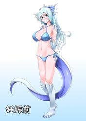 Rule 34 | 1girl, absurdres, arms behind back, bikini, blue background, blue bikini, blue hair, breasts, claws, cleavage, closed mouth, commission, contrapposto, dragon girl, dragon horns, dragon tail, floral print, full body, g (genesis1556), gradient background, green eyes, highres, horns, large breasts, light blue hair, long hair, looking at viewer, monster girl, navel, original, pixiv commission, skeb commission, solo, standing, swimsuit, tail