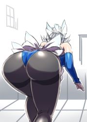 Rule 34 | 1girl, apron, ass, bare shoulders, bent over, female focus, haydee (game), highres, huge ass, izayoi sakuya, leotard, pantyhose, partially colored, short hair, silver hair, sketch, solo, tajima yuuki, thighband pantyhose, thighs, touhou, waist apron, white background, wide hips