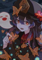Rule 34 | 1girl, black hat, black nails, boo tao (genshin impact), brown hair, bug, butterfly, commentary, dna 3000, english commentary, flower, genshin impact, ghost, hat, highres, hu tao (genshin impact), insect, jewelry, long hair, nail polish, open mouth, plum blossoms, porkpie hat, red eyes, ring, solo, twintails