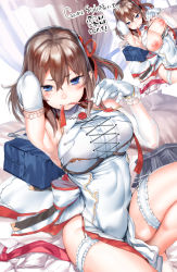Rule 34 | 1girl, arm up, armpits, bag, blue eyes, blush, breasts, brown hair, china dress, chinese clothes, covered navel, dress, elbow gloves, game-style, garter straps, gloves, hair between eyes, hair ribbon, karochii, large breasts, bridal garter, looking at viewer, medium hair, mouth hold, on bed, one side up, original, pelvic curtain, pleated skirt, ribbon, ribbon in mouth, school bag, sitting, skirt, solo, wallpaper, white dress, white gloves