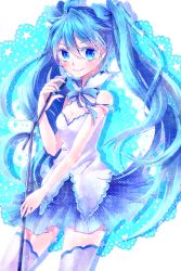 Rule 34 | 1girl, aqua eyes, aqua hair, bare shoulders, hatsune miku, highres, long hair, looking at viewer, microphone, microphone stand, mumi (mumie), smile, solo, thighhighs, twintails, very long hair, vocaloid, zettai ryouiki