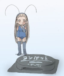 Rule 34 | 1girl, antenna hair, arthropod girl, blue background, blue one-piece swimsuit, blush, brown eyes, bug, child, cockroach, eyebrows, female focus, hand to own mouth, insect, long hair, lowres, mini person, minigirl, monster girl, one-piece swimsuit, original, poison, school swimsuit, simple background, solo, standing, swimsuit, thick eyebrows