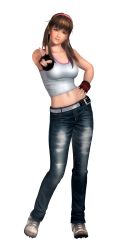 Rule 34 | 1girl, 3d, absurdres, belt, black background, blue eyes, breasts, brown hair, contrapposto, dead or alive, dead or alive 5, denim, female focus, fingerless gloves, full body, gloves, hairband, hand on own hip, highres, hitomi (doa), jeans, long hair, midriff, navel, official art, pants, promotional art, shoes, simple background, smile, sneakers, solo, standing, studded belt, tank top, tecmo, transparent background, v