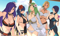 Rule 34 | 5girls, bare shoulders, beach, bikini, black bikini, black choker, black one-piece swimsuit, blonde hair, blue eyes, blue hair, breasts, byleth (female) (fire emblem), byleth (female) (summer) (fire emblem), byleth (fire emblem), casual one-piece swimsuit, catherine (fire emblem), catherine (summer) (fire emblem), choker, cleavage, commentary request, covered navel, fire emblem, fire emblem: three houses, fire emblem heroes, fire emblem warriors: three hopes, flower, green hair, hair between eyes, hair flower, hair ornament, hair over one eye, hibiscus, highres, large breasts, long hair, midriff, multiple girls, navel, nintendo, official alternate costume, one-piece swimsuit, open mouth, purple eyes, purple hair, rhea (fire emblem), rhea (summer) (fire emblem), shamir nevrand, shamir nevrand (summer), shez (female) (fire emblem), shez (female) (summer) (fire emblem), shez (fire emblem), short hair, smile, stomach, swimsuit, ushiomi, white bikini, yellow flower