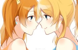 Rule 34 | 10s, 2girls, ayase eli, bad id, bad pixiv id, bare shoulders, blonde hair, blue eyes, chisumi, close-up, earrings, eye contact, face-to-face, from side, hair ribbon, jewelry, kosaka honoka, long hair, looking at another, love live!, love live! school idol project, multiple girls, nape, orange hair, ponytail, portrait, profile, ribbon, scrunchie, short hair, side ponytail, simple background, smile, twitter username, white background, yuri