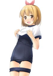Rule 34 | 1girl, :d, black buruma, black one-piece swimsuit, blonde hair, blush, brown eyes, buruma, buruma pull, clothes lift, clothes pull, commentary request, fang, gym shirt, gym uniform, hair ribbon, highres, lifted by self, looking at viewer, old school swimsuit, one-piece swimsuit, open mouth, original, pink ribbon, puffy short sleeves, puffy sleeves, ribbon, school swimsuit, shibacha, shirt, shirt lift, short sleeves, simple background, smile, solo, swimsuit, swimsuit under clothes, white background, white shirt