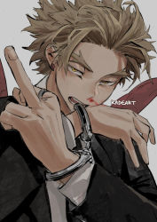 Rule 34 | 1boy, artist name, bird, black necktie, blazer, blood, boku no hero academia, brown hair, earrings, feathered wings, feathers, formal, hands up, hawk, hawks (boku no hero academia), jacket, jewelry, kadeart, large wings, long sleeves, looking at viewer, looking back, lower teeth only, male focus, middle finger, necktie, nosebleed, open mouth, parted bangs, ring, shirt, short hair, simple background, solo, spikes, suit, teeth, thick eyebrows, upper body, upper teeth only, white background, white shirt, wings, yellow eyes