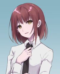 Rule 34 | 1girl, alternate hairstyle, black necktie, blue background, breasts, business suit, chainsaw man, collared shirt, eyebrows, formal, head tilt, highres, long sleeves, makima (chainsaw man), medium breasts, necktie, neckwear request, parted lips, raimone26, ringed eyes, shirt, short hair, simple background, smile, solo, suit, upper body, yellow eyes