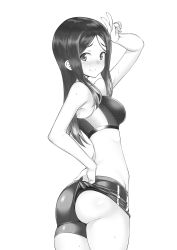 Rule 34 | 1girl, a9b (louis814), absurdres, ass, black eyes, black hair, blush, breasts, from below, greyscale, groin, highres, long hair, medium breasts, monochrome, nose blush, original, smile, solo, sweat, thighs, very long hair, white background