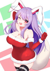 Rule 34 | 1girl, :d, absurdres, animal ears, bare shoulders, black thighhighs, bow, breasts, cleavage, collarbone, dress, elbow gloves, fur-trimmed dress, fur trim, gloves, highres, komori hiki16, long hair, medium breasts, open mouth, purple hair, rabbit ears, rabbit girl, red bow, red dress, red eyes, red gloves, reisen udongein inaba, sack, santa dress, sidelocks, smile, strapless, strapless dress, striped clothes, striped thighhighs, teeth, thighhighs, touhou, upper teeth only, very long hair, white thighhighs, zettai ryouiki