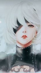 Rule 34 | 1girl, expressionless, grey background, hair between eyes, highres, kamechan0808, lips, looking at viewer, mole, mole under mouth, nier (series), nier:automata, nose, nostrils, parted lips, portrait, short hair, simple background, solo, turtleneck, upper body, white hair, 2b (nier:automata)