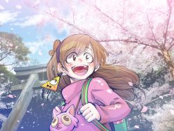 Rule 34 | 1girl, animal bag, backpack, bag, bill cipher, blue sky, blurry, blush, bow, bowtie, braces, brown eyes, brown hair, cat bag, cherry blossoms, cloud, day, depth of field, earrings, eyelashes, from below, gravity falls, green bag, hairband, hanging, happy, hat, jewelry, long hair, looking afar, looking at another, mabel pines, melon (melon cream soda), mixed media, one-eyed, open mouth, petals, photo (medium), pink sweater, single earring, sky, smile, solo focus, sweater, third-party edit, top hat, torii, tree, triangle, turtleneck
