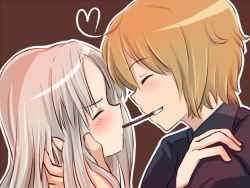 Rule 34 | 10s, 2girls, blush, brave witches, brown hair, edytha rossmann, closed eyes, heart, michigan, military, military uniform, multiple girls, pocky, pocky kiss, shared food, short hair, silver hair, strike witches, uniform, waltrud krupinski, world witches series, yuri