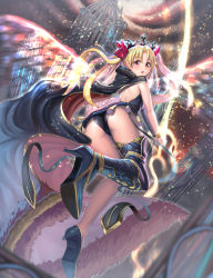 Rule 34 | 1girl, absurdres, ass, black cape, black footwear, black leotard, blonde hair, boots, bow, bracelet, cape, chain, commentary request, crown, ereshkigal (fate), fate/grand order, fate (series), flying, from behind, fur trim, hair bow, high heels, highres, holding, jewelry, leotard, looking at viewer, looking back, moonandmist, multicolored cape, multicolored clothes, parted bangs, parted lips, red bow, red cape, red eyes, single boot, solo, thigh boots, thighhighs, two side up