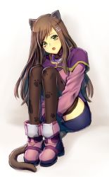 Rule 34 | 1girl, animal ears, ass, black thighhighs, blue skirt, breasts, brown hair, cat ears, cat tail, commentary request, fake tail, green eyes, hair ornament, hairclip, long hair, looking at viewer, miniskirt, murata tefu, open mouth, pink shirt, print thighhighs, shirt, simple background, skirt, solo, sophia esteed, star ocean, star ocean till the end of time, tail, thighhighs