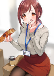 Rule 34 | 1girl, beige sweater, black pantyhose, blurry, blush, box, breasts, brown eyes, brown hair, brown pantyhose, closed mouth, coffee, coffee cup, commentary request, cup, depth of field, disposable cup, doushimasho, eating, formal, highres, id card, lanyard, large breasts, low tied hair, nail polish, office lady, original, pantyhose, pencil skirt, ponytail, red skirt, sidelocks, sitting, skirt, solo, wavy mouth