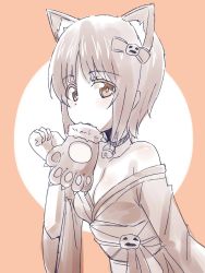 Rule 34 | 1girl, :&gt;, animal ear fluff, animal ears, aster90, bare shoulders, bell, blush, breasts, bright pupils, cat ears, cat girl, choker, circle, cleavage, closed mouth, commentary request, copyright request, eyes visible through hair, hand up, highres, japanese clothes, kimono, light blush, long sleeves, looking at viewer, medium breasts, mouth hold, neck bell, obi, off shoulder, orange theme, sash, short hair, solo, upper body, wide sleeves
