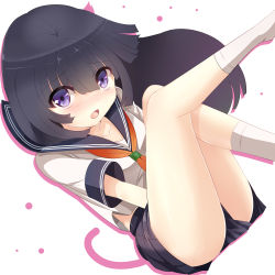 Rule 34 | 1girl, black hair, blush, clothes between thighs, embarrassed, purple eyes, school uniform, serafuku, simple background, skirt, solo, sts, white background