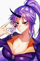 Rule 34 | 1girl, absurdres, breasts, cleavage, closed mouth, collarbone, commentary, dated, film grain, fingernails, heng (heng798616), highres, horns, jacket, large breasts, long fingernails, long hair, parted bangs, ponytail, purple eyes, purple hair, purple jacket, shion (tensei shitara slime datta ken), simple background, single horn, smile, solo, tensei shitara slime datta ken, white background
