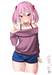 Rule 34 | 1girl, alternate costume, blue shorts, denim, denim shorts, fox shadow puppet, hair bobbles, hair ornament, highres, kantai collection, off-shoulder sweater, off shoulder, one-hour drawing challenge, pink eyes, pink hair, purple sweater, sazanami (kancolle), short hair, shorts, simple background, smile, solo, sweater, tf cafe, twintails, twitter username, white background