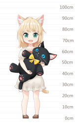 Rule 34 | 1girl, :d, absurdres, animal ears, blonde hair, bow, bowtie, brown footwear, cat ears, cat tail, child, dress, green eyes, height chart, highres, holding, holding stuffed toy, mao lian (nekokao), medium hair, open mouth, orange bow, orange bowtie, original, pigeon-toed, puffy short sleeves, puffy sleeves, shoes, short sleeves, smile, solo, stuffed animal, stuffed cat, stuffed toy, tail, white dress