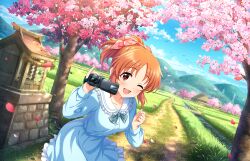 Rule 34 | 1girl, abe nana, bridge, building, camera, cherry blossoms, frills, game cg, grass, idolmaster, idolmaster cinderella girls, idolmaster cinderella girls starlight stage, mountain, official art, one eye closed, orange hair, path, ponytail, red eyes, road, solo, tree