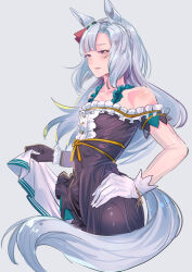Rule 34 | 1girl, absurdres, animal ears, asymmetrical gloves, asymmetrical sleeves, bare shoulders, black dress, black gloves, blue hair, blush, braid, breasts, center frills, closed mouth, commentary request, cowboy shot, crown braid, doushi tatsu to dekkai no, dress, frills, gloves, hand on own hip, highres, horse ears, horse girl, horse tail, long hair, long sleeves, looking at viewer, medium breasts, mejiro ardan (umamusume), mismatched gloves, purple eyes, short sleeves, simple background, smile, solo, tail, umamusume, uneven sleeves, white background, white gloves