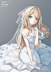Rule 34 | 1girl, absurdres, bare shoulders, blonde hair, blue eyes, bouquet, braid, breasts, bridal veil, cleavage, closed mouth, collarbone, crown braid, dated, dress, flower, girls&#039; frontline, gloves, highres, holding, holding bouquet, holding flower, jewelry, long hair, looking at viewer, medium breasts, official alternate costume, ring, sakatakin, simple background, sitting, smile, solo, suomi (blissful mission) (girls&#039; frontline), suomi (girls&#039; frontline), veil, wedding band, wedding dress, white dress, white gloves