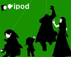 Rule 34 | 1girl, 1other, 3boys, apple, apple inc., creature, digital media player, faceless, faceless female, faceless male, food, fruit, full body, ganondorf, green background, hanged, hanging, ipod, ipod ad, kirby, kirby (series), limited palette, link, male focus, multiple boys, nintendo, on one knee, parody, princess zelda, silhouette, simple background, standing, the legend of zelda, toon link