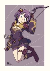 Rule 34 | 1girl, arrow (projectile), bernadetta von varley, bike shorts, bow (weapon), breasts, chichibu (watson), cleavage, closed mouth, dress, fire emblem, fire emblem: three houses, full body, gloves, grey eyes, hair ornament, holding, holding bow (weapon), holding weapon, long sleeves, nintendo, purple hair, quiver, short dress, simple background, solo, thigh strap, weapon, yellow gloves