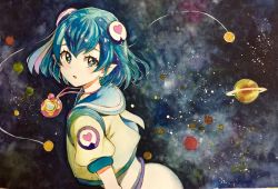 Rule 34 | 1girl, antennae, blue eyes, blue hair, hagoromo lala, hair ornament, heart, highres, jacket, jewelry, looking at viewer, looking back, open mouth, painting (medium), pendant, planet, pointy ears, precure, pukara, saturn (planet), short sleeves, solo, space, star-shaped pupils, star (sky), star (symbol), star twinkle precure, symbol-shaped pupils, traditional media, upper body, watercolor (medium)