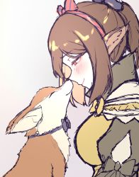 Rule 34 | 1girl, animal, animal ears, arknights, blush, bow, bowtie, breasts, brown eyes, brown hair, closed mouth, fox, fox ears, gradient background, grey background, hairband, highres, medium breasts, official alternate costume, perfumer (arknights), perfumer (leisurely afternoon) (arknights), red hairband, sher (imnotsher), short hair, short ponytail, sidelocks, sketch, smile, solo, upper body, yellow bow, yellow bowtie