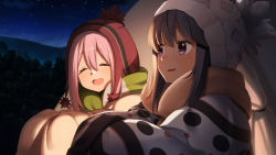 Rule 34 | 2girls, :d, ^ ^, beanie, black hair, blanket, blush, brown scarf, closed eyes, commentary request, dacchi, facing viewer, hair between eyes, hat, kagamihara nadeshiko, long hair, multiple girls, night, night sky, open mouth, outdoors, parted lips, pink hair, purple eyes, red hat, scarf, shima rin, sidelocks, sitting, sky, smile, star (sky), starry sky, striped clothes, striped scarf, white hat, yurucamp