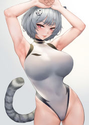 Rule 34 | 1girl, absurdres, animal ears, armpits, arms up, bare shoulders, bodysuit, breasts, closed mouth, contrapposto, covered collarbone, cowboy shot, hands on own head, highleg, highleg swimsuit, highres, large breasts, lips, looking at viewer, mute (mute89539160), one-piece swimsuit, original, purple eyes, short hair, silver hair, sleeveless, solo, swimsuit, tail, tiger tail, tight clothes