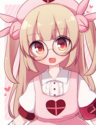 Rule 34 | &gt; &lt;, 1girl, :d, apron, armband, black-framed eyewear, center frills, collared shirt, commentary request, diagonal stripes, fang, frills, glasses, hair ornament, hat, heart, highres, light brown hair, long hair, looking at viewer, natori sana, nurse cap, open mouth, pink apron, pink hat, puffy short sleeves, puffy sleeves, rabbit hair ornament, red eyes, rensei, round eyewear, sana channel, shirt, short sleeves, smile, solo, striped, striped background, two side up, upper body, very long hair, virtual youtuber, white shirt